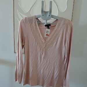 Saks Fifth Avenue Blush Lace V-Neck Long Sleeve Top